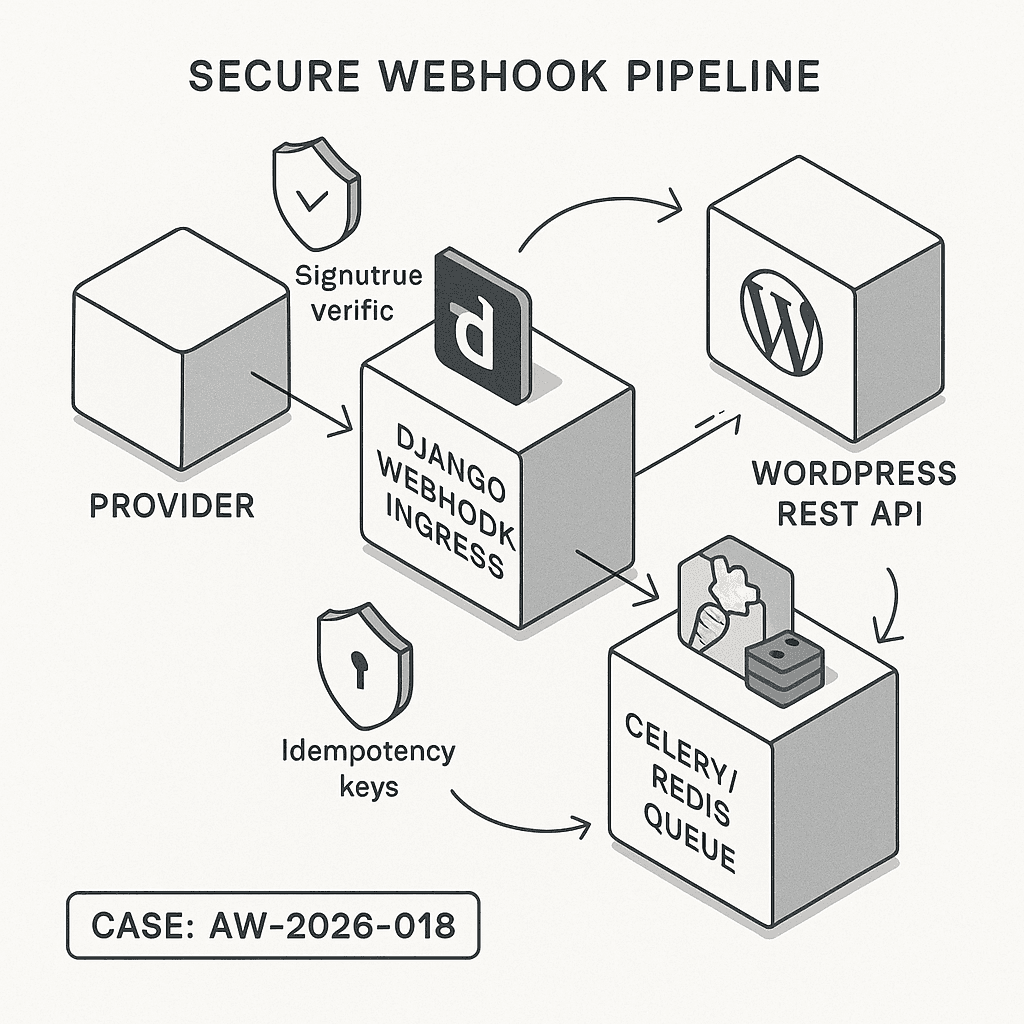 Secure Webhook Ingestion for AI Workflows: Django Ingress, Queue Processing, and WordPress Delivery