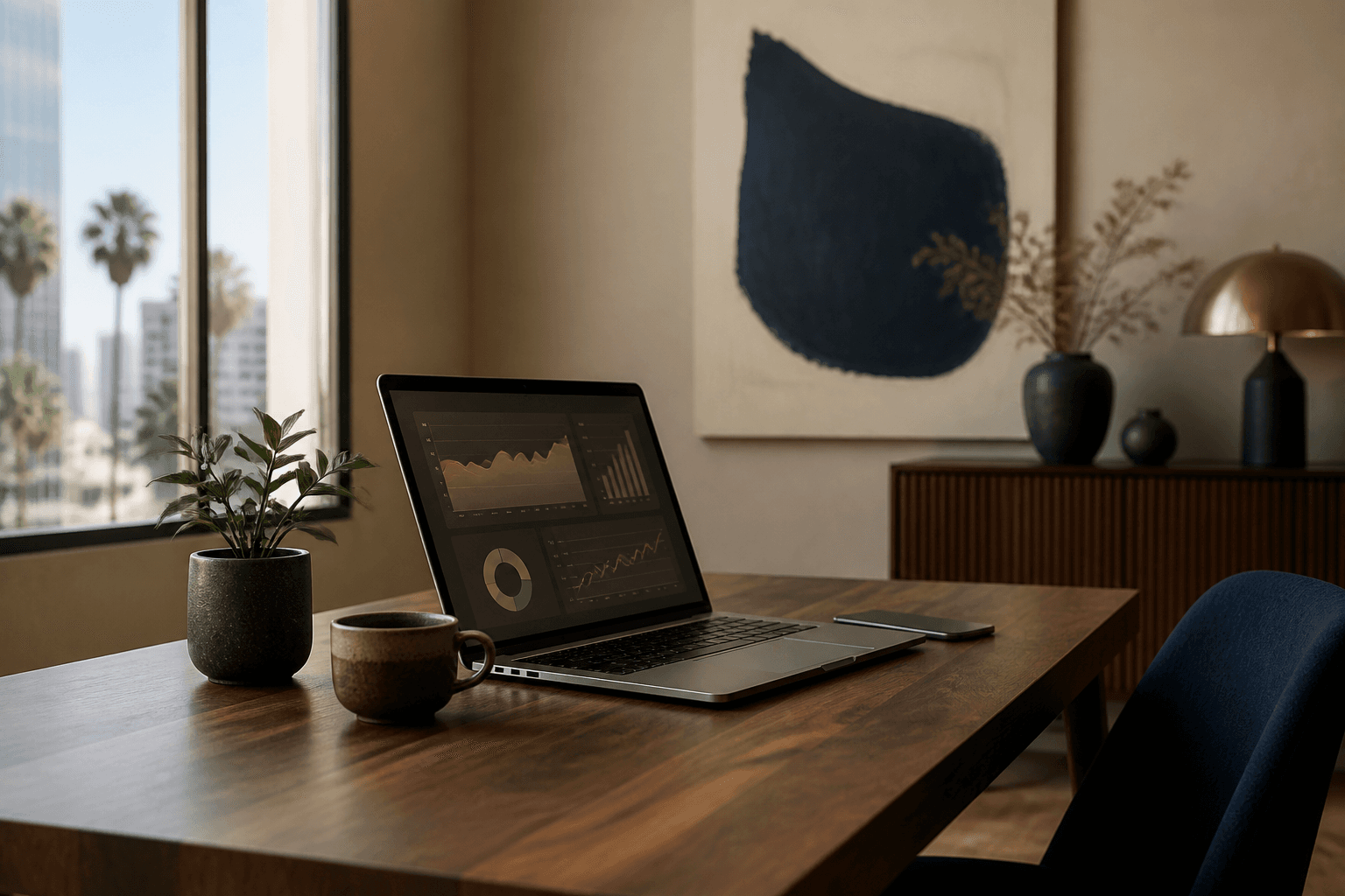 Modern Los Angeles small-business workspace with a laptop showing an AI analytics dashboard, palm trees visible through the window